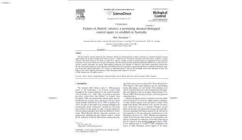Failure of Diabole cubensis, a promising classical biological control agent, to establish in Australia