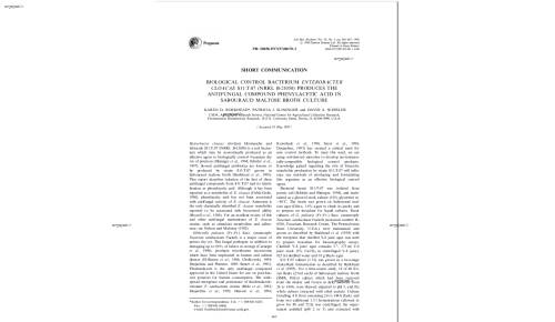 BIOLOGICAL CONTROL BACTERIUM ENTEROBACTER CLOACAE S11:T:07 (NRRL B-21050) PRODUCES THE ANTIFUNGAL COMPOUND PHENYLACETIC ACID IN SABOURAUD MALTOSE BROTH CULTURE