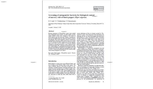 Screening of antagonistic bacteria for biological control of nursery wilt of black pepper (Piper nigrum)