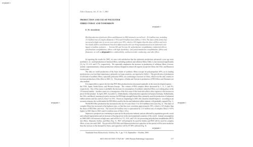 Production and Use Of Polyester Fibres Today and Tomorrow