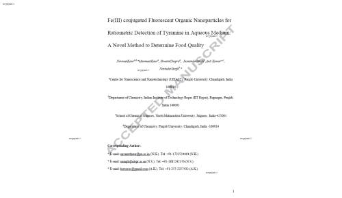 Fe(III) conjugated Fluorescent Organic Nanoparticles for Ratiometric Detection of Tyramine in Aqueous Medium: A Novel Method to Determine Food Quality