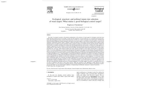 Ecological, practical, and political inputs into selection of weed targets: What makes a good biological control target?